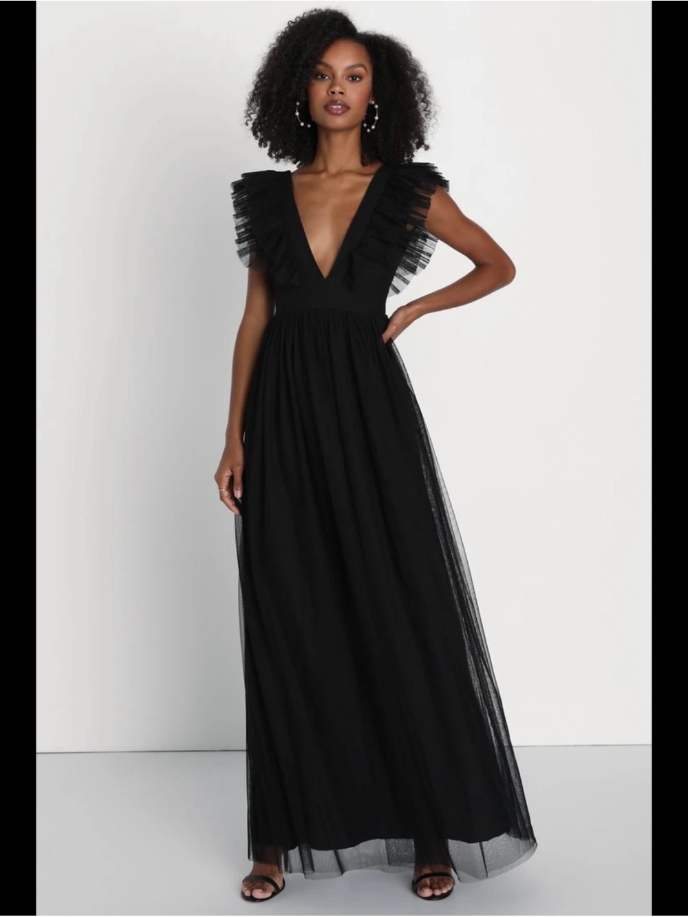 Lulu's Black Deep V Ruffle-Sleeve Maxi Dress
